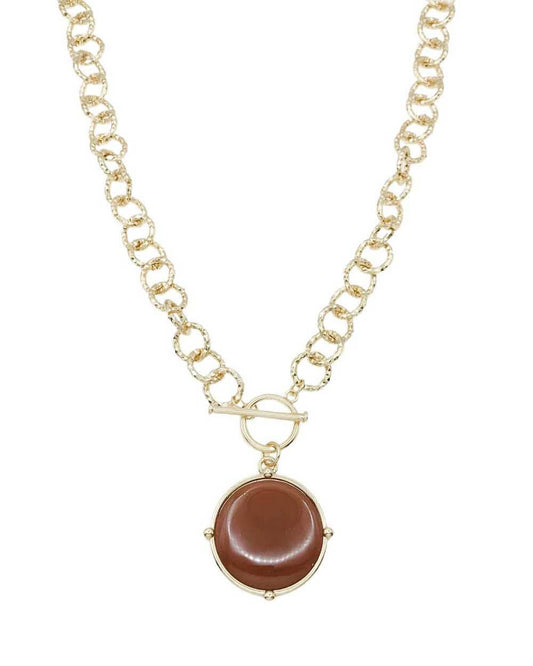 Gold Open Chain with Brown Circle Stone and Gold 16"-18" Necklace