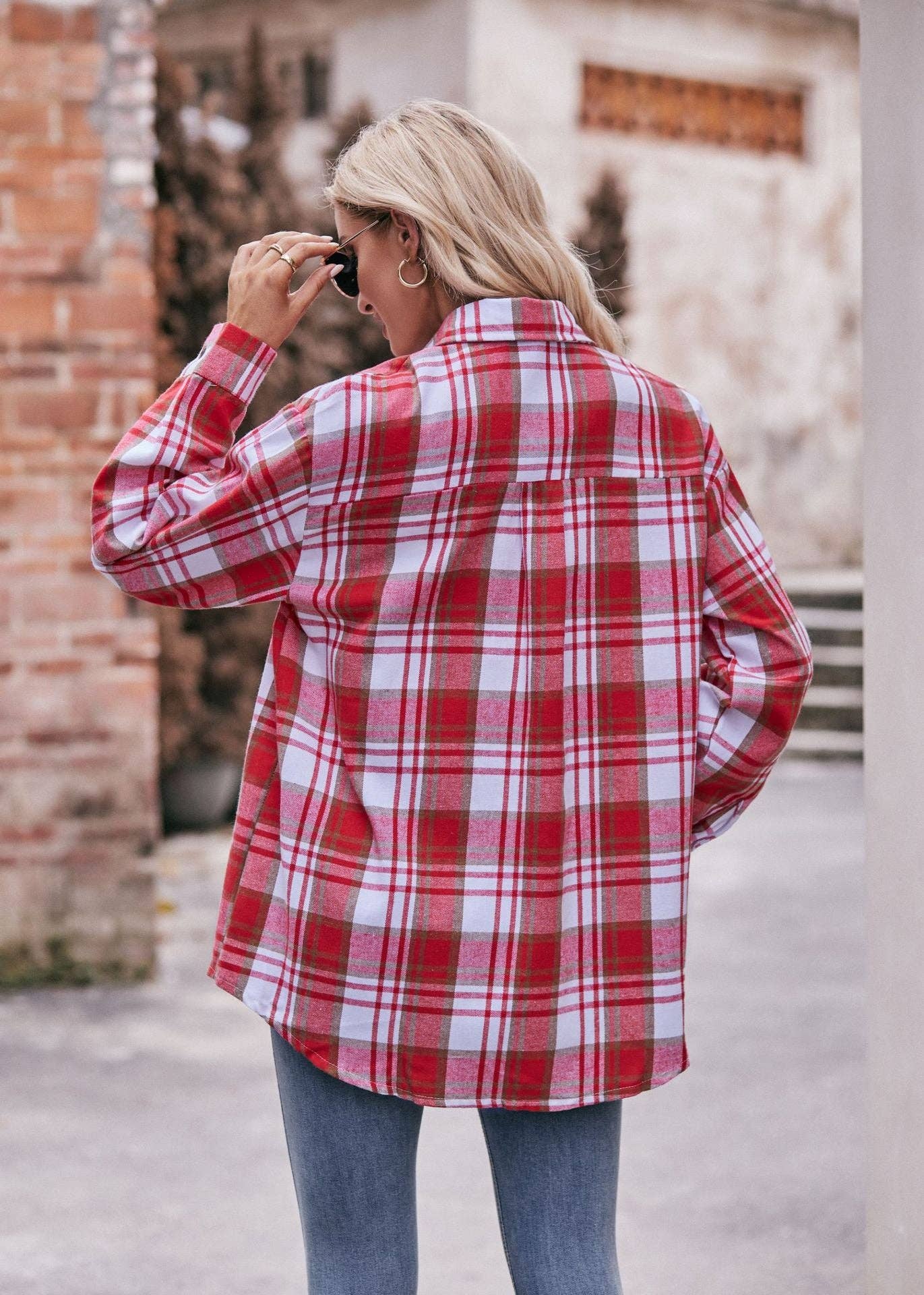 Casual Oversized Loose Red & Brown Plaid Shirt