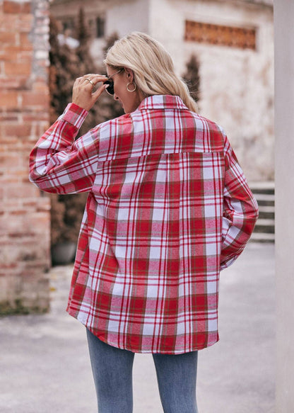 Casual Oversized Loose Red & Brown Plaid Shirt