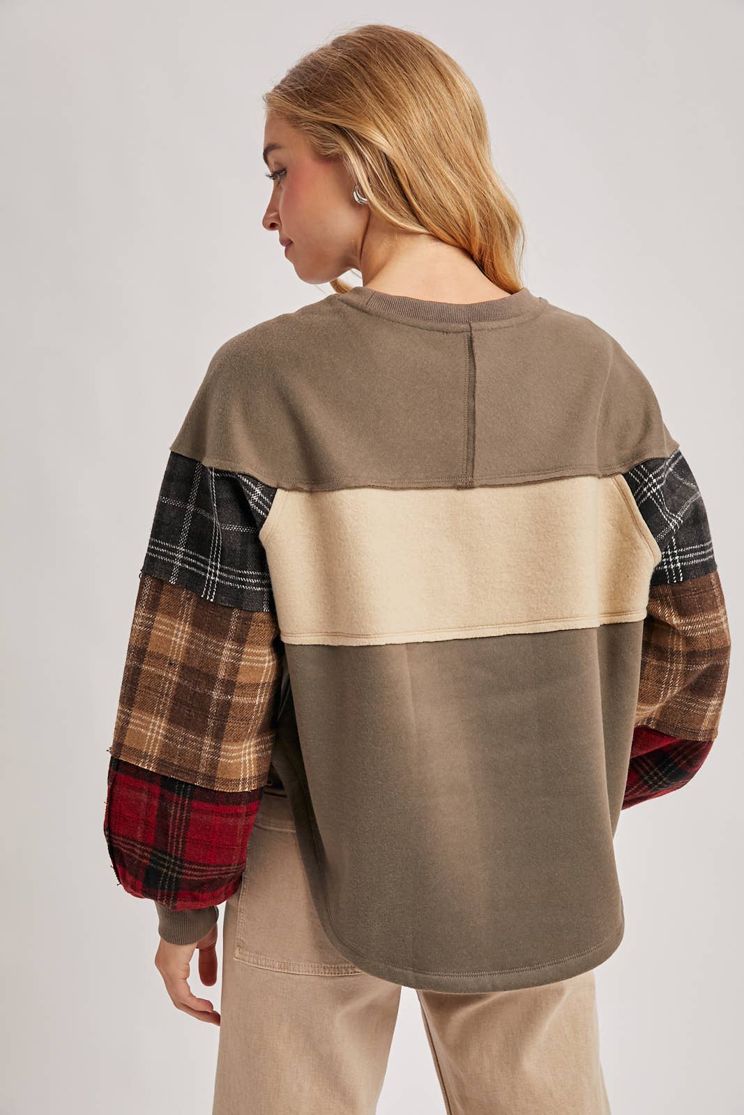 Color Block Plaid Flannel Patch Sweatshirt