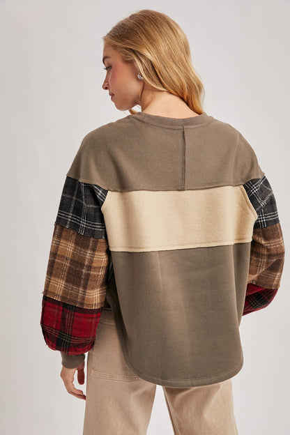 Color Block Plaid Flannel Patch Sweatshirt