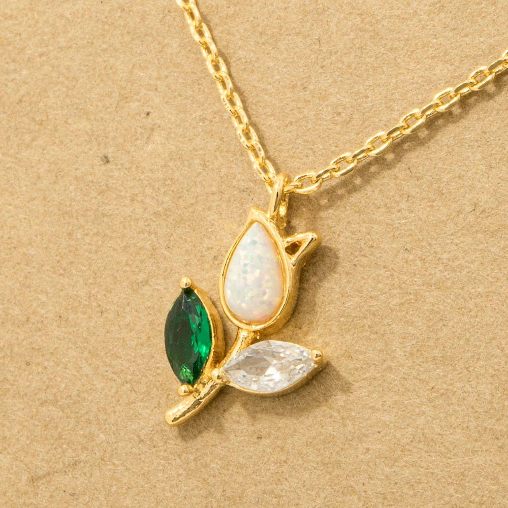 Opal Tulip Flower Green Leaf Necklace