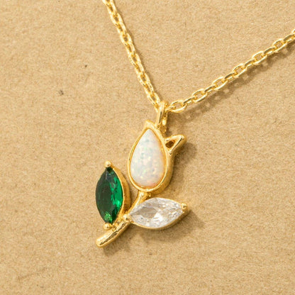 Opal Tulip Flower Green Leaf Necklace