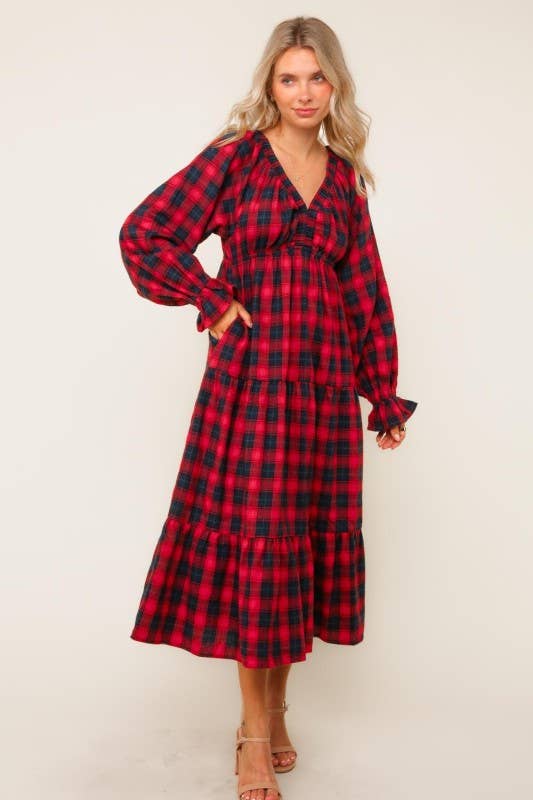 Plaid Check Tiered Maxi Dress W/ Side Pocket
