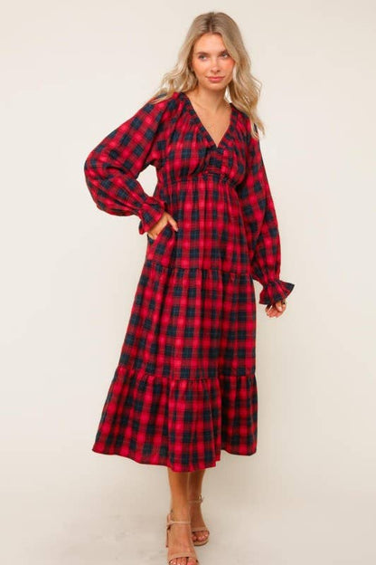 Plaid Check Tiered Maxi Dress W/ Side Pocket