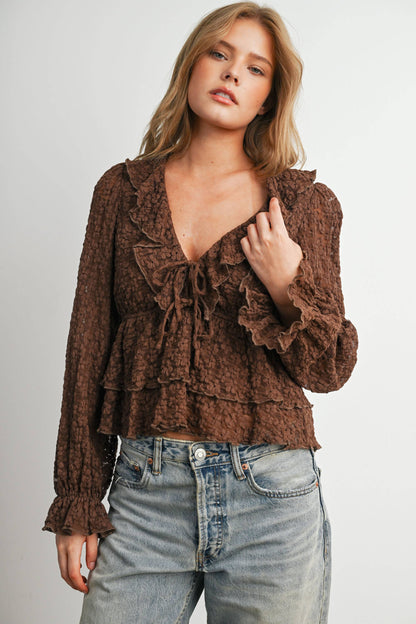 Brown Lace Ruffle Long Sleeve Blouse