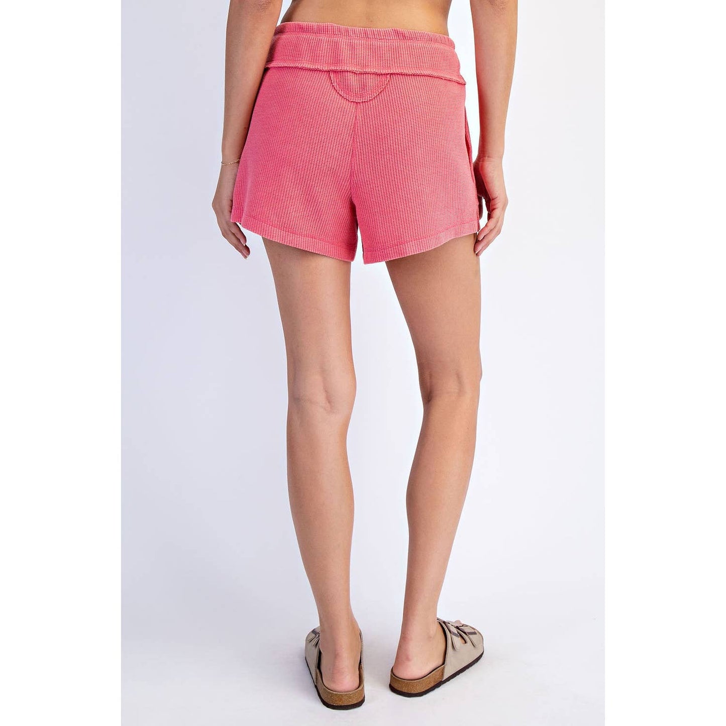 Strawberry Pink Waffle Weave Drawstring Shorts