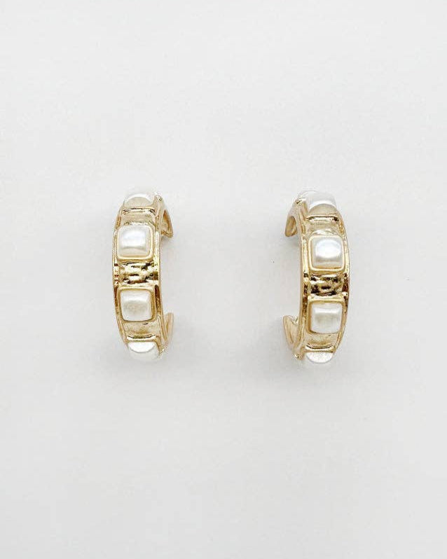 Worn Gold Earring with Pearl Square Stone Accents