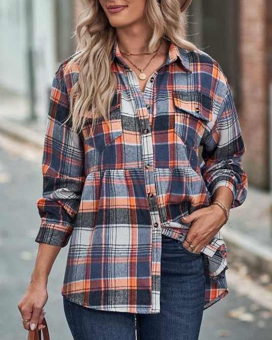Navy & Orange Plaid Button Flannel