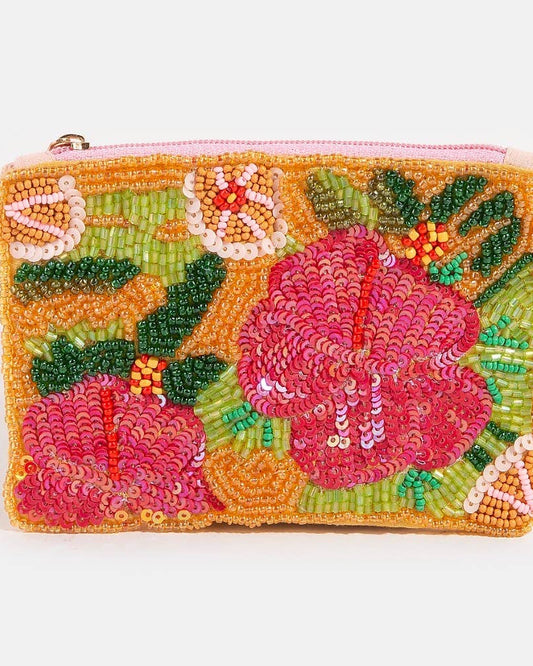 Floral Sequin And Seed Beaded Coin Purse