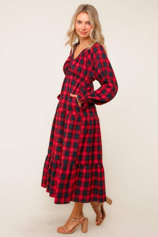 Plaid Check Tiered Maxi Dress W/ Side Pocket