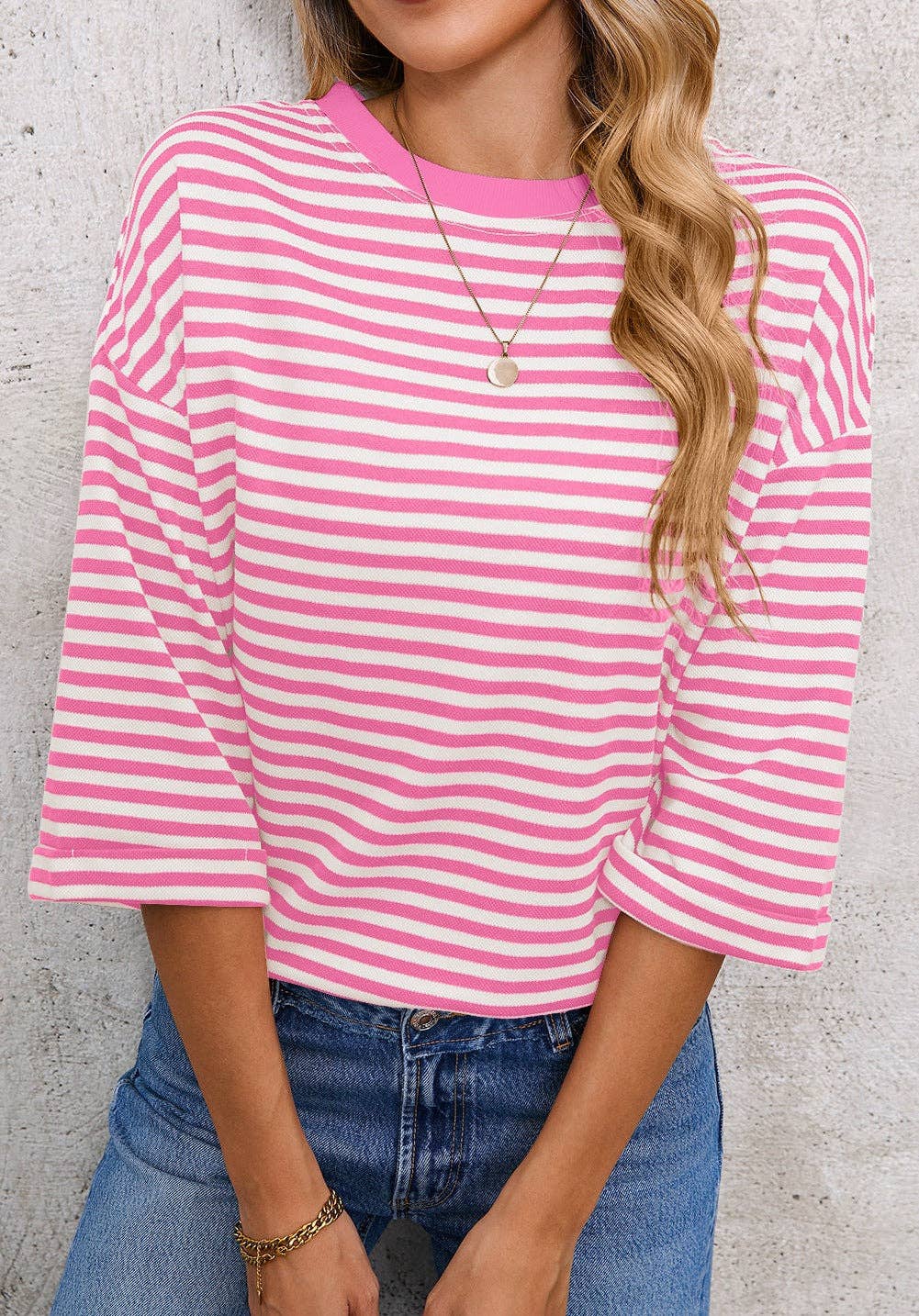 Womens Striped Top Loose Fit Short Sleeve Casual Tee