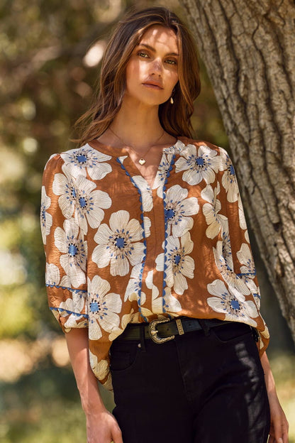 Multi Floral Printed 3/4 Sleeve Blouse