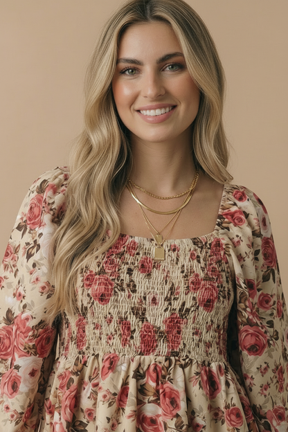 V Neck Floral Babydoll Smocking Fit Top