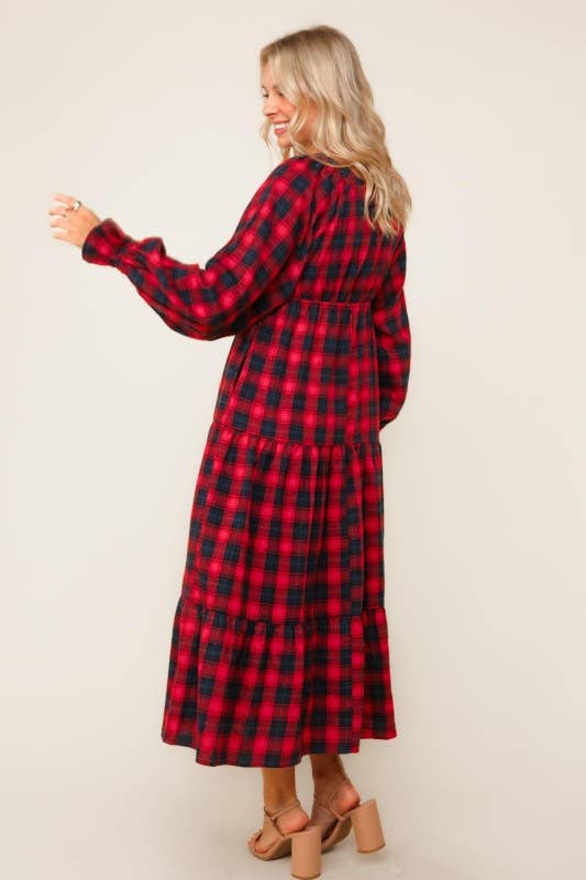 Plaid Check Tiered Maxi Dress W/ Side Pocket