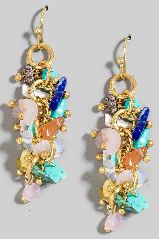 Pebble Stone Beaded Fringe Dangle Earrings