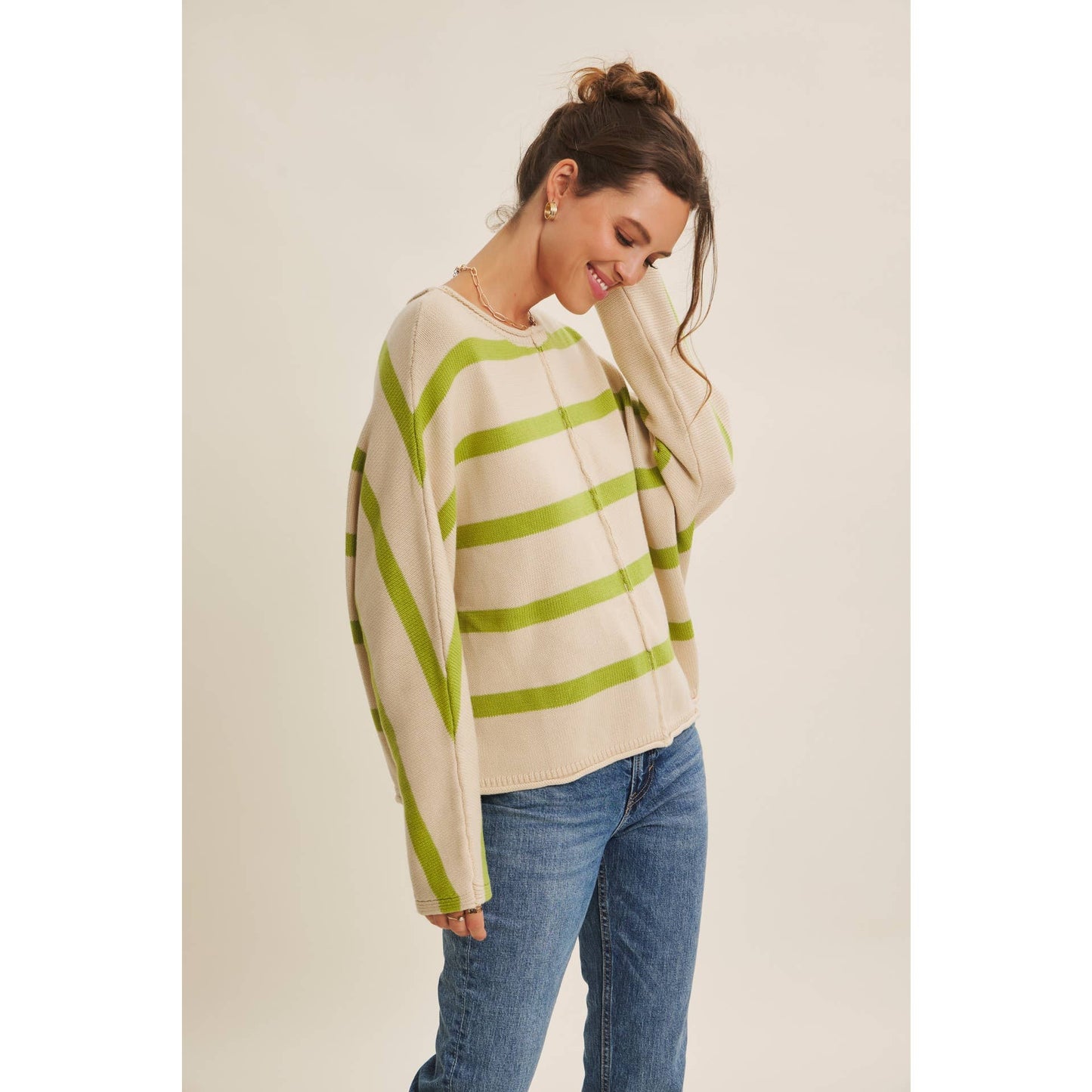 Apple Green Striped Dolman Sleeve Sweater