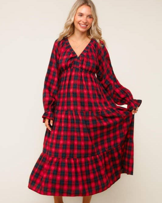 Plaid Check Tiered Maxi Dress W/ Side Pocket