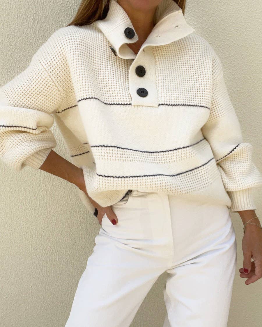 Casual Button Neck Striped Knit Sweater
