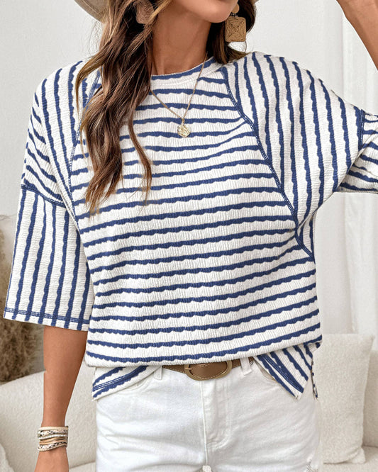 Striped Textured Knit Split Hem Half Sleeve Loose Top
