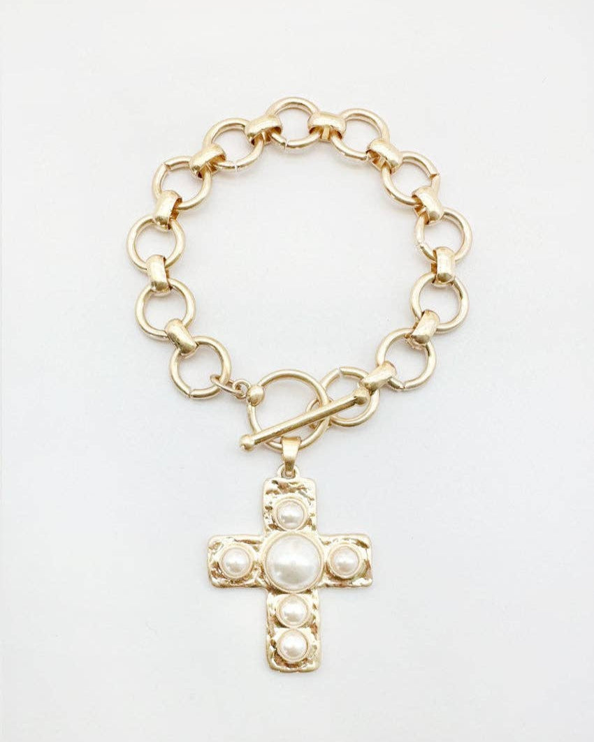 Gold Stretch Chain with Hammered Cross with Pearl Accent Charm