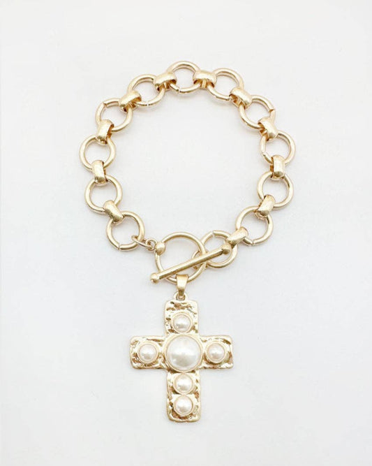 Gold Stretch Chain with Hammered Cross with Pearl Accent Charm