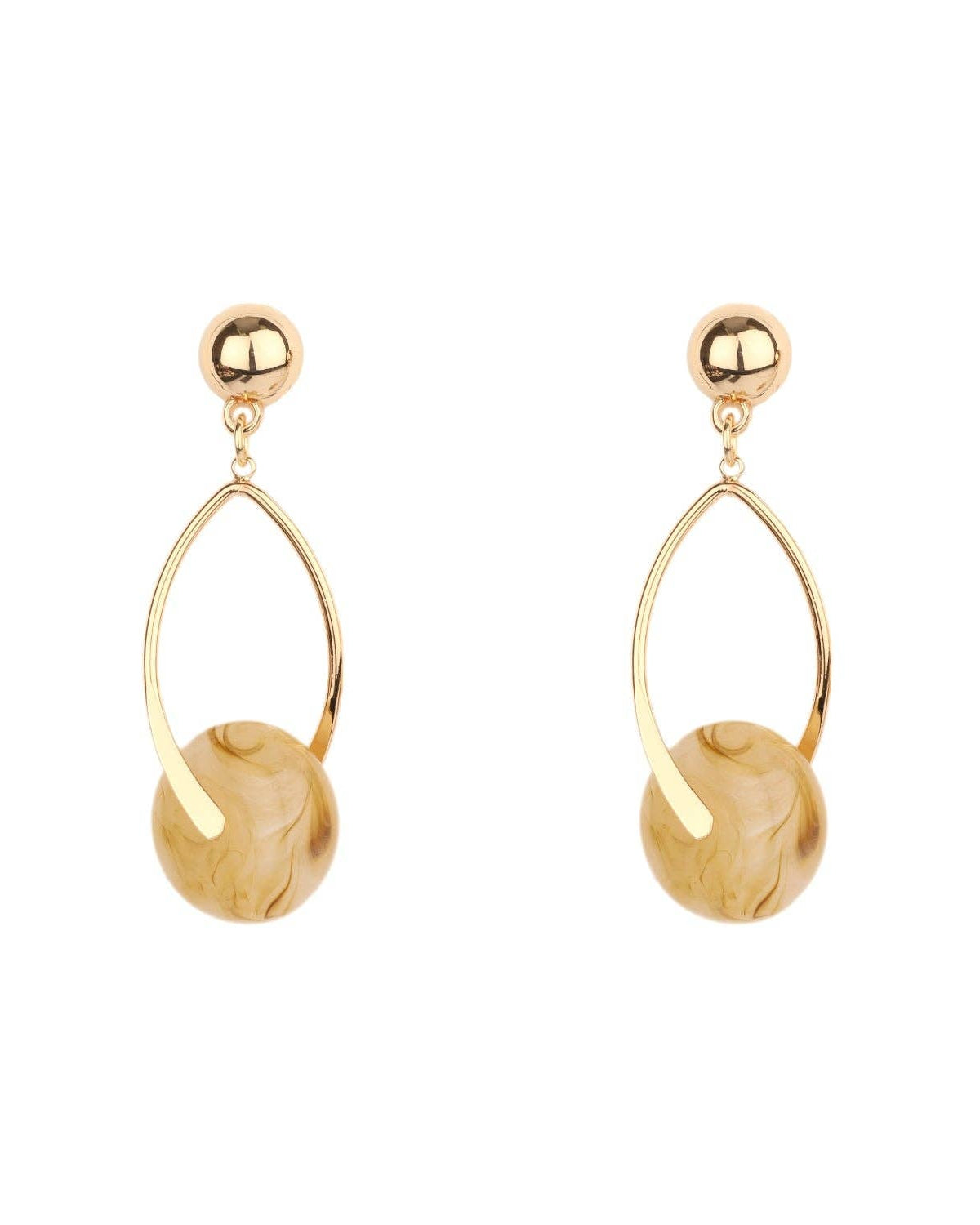Gold Open Drop with Beige Natural Stone Circle Earring
