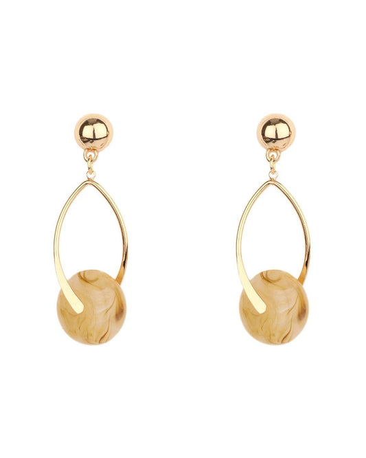 Gold Open Drop with Beige Natural Stone Circle Earring
