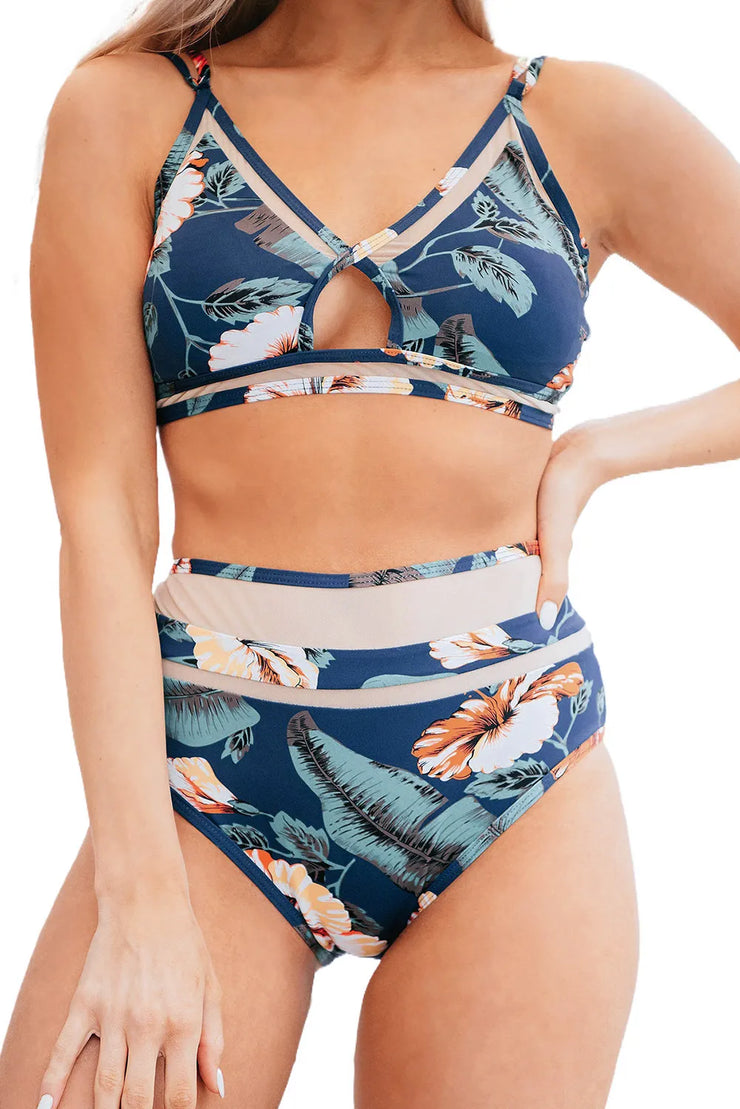 Navy Floral Mesh Detail Bikini Swimsuit