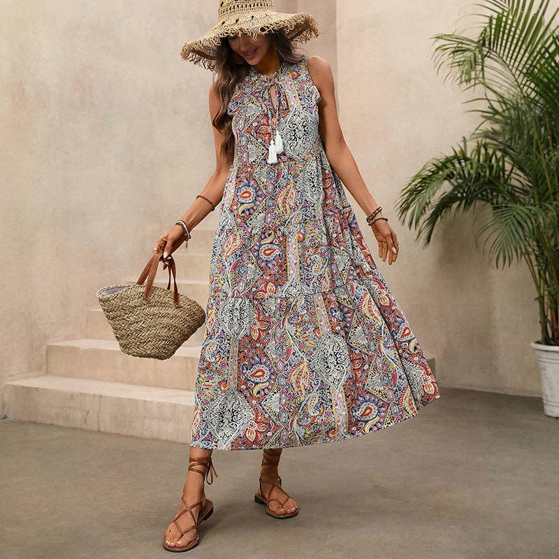 Women’s Boho Paisley Tassel Maxi Dress Sleeveless