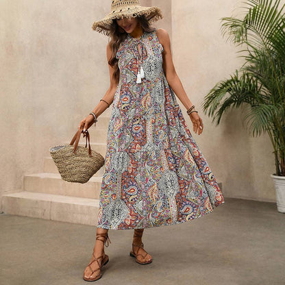 Women’s Boho Paisley Tassel Maxi Dress Sleeveless
