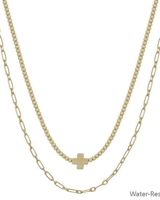 Gold Beaded with Gold Cross Layered 16"-18" Necklace