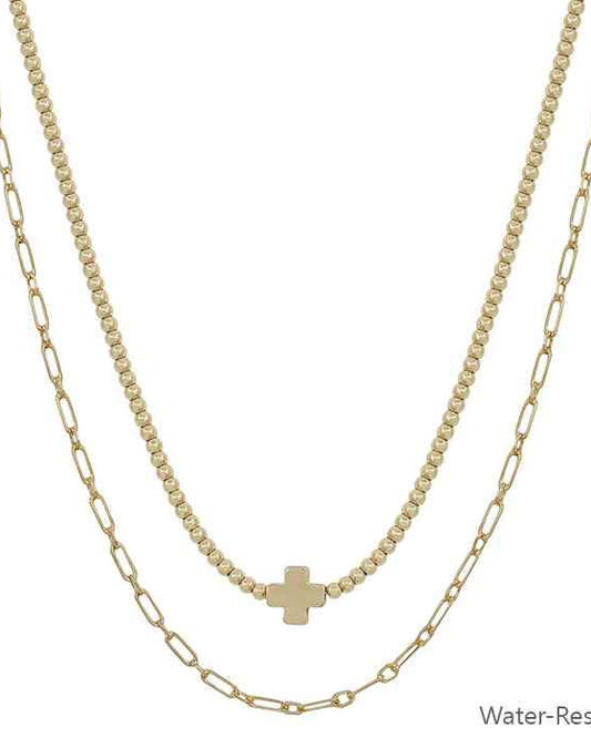 Gold Beaded with Gold Cross Layered 16"-18" Necklace