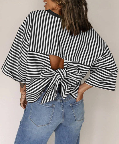 Womens Striped Top Loose Fit Short Sleeve Casual Tee