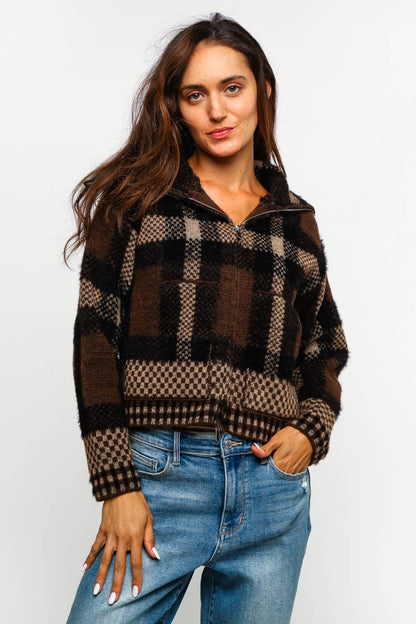 High Neck Zipper Neck Long Sleeve Plaid Cardigan