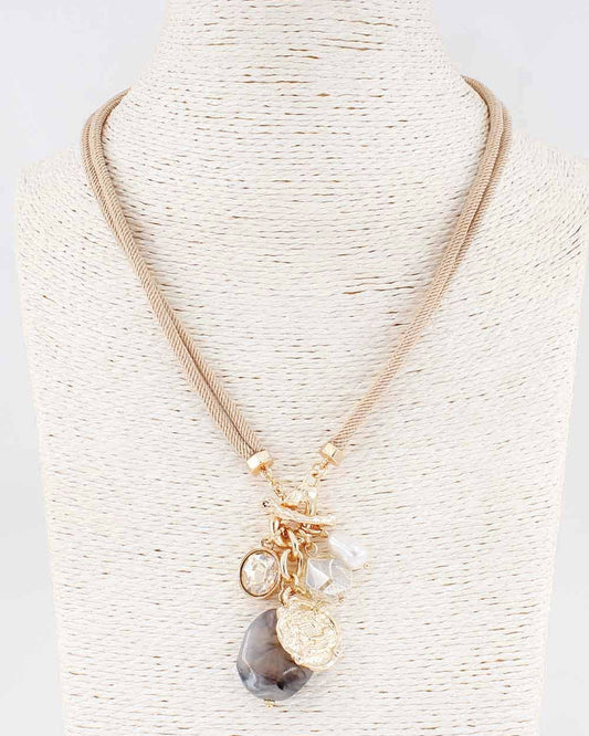 Natural/Tan Cord with Crystal and Stone Charms Necklace