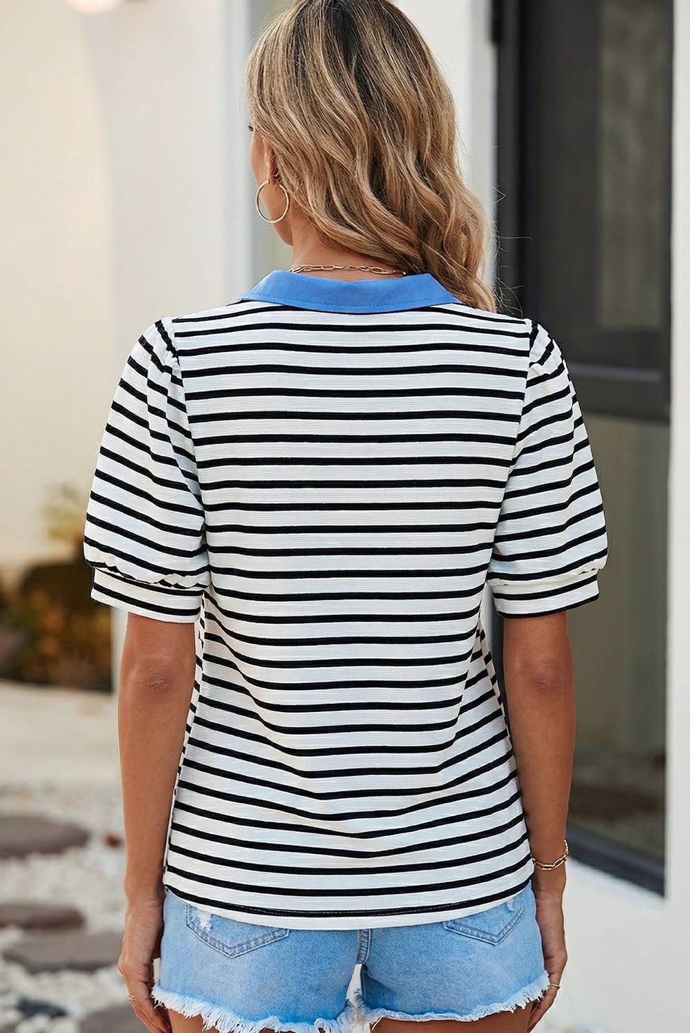 Casual Striped V Neck Short Sleeve Top