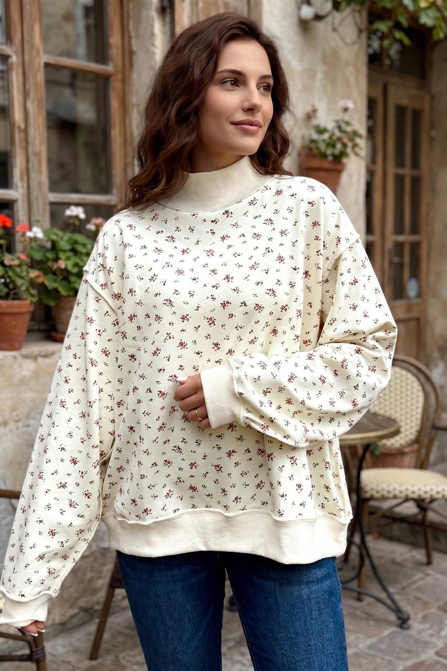 Beige Patchwork Floral Print Sweatshirt