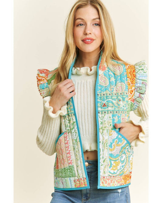 QUILT PATCHWORK TURQUOISE RUFFLED VEST