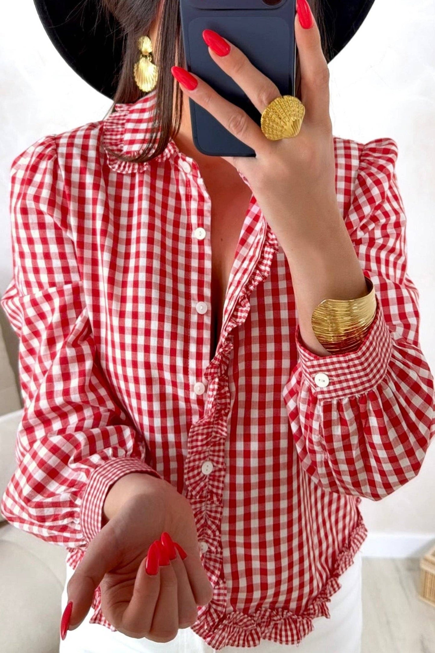 Red Gingham Frilled Long Sleeve Button Down