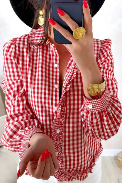 Red Gingham Frilled Long Sleeve Button Down