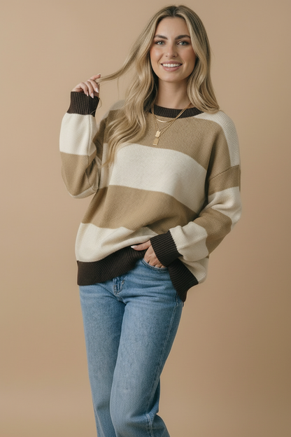 Round Neck Striped Color Block Sweater Top