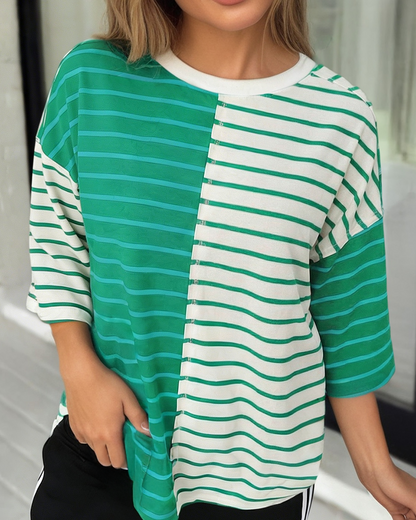 Green & White Stripe Color Block 3/4 Sleeve