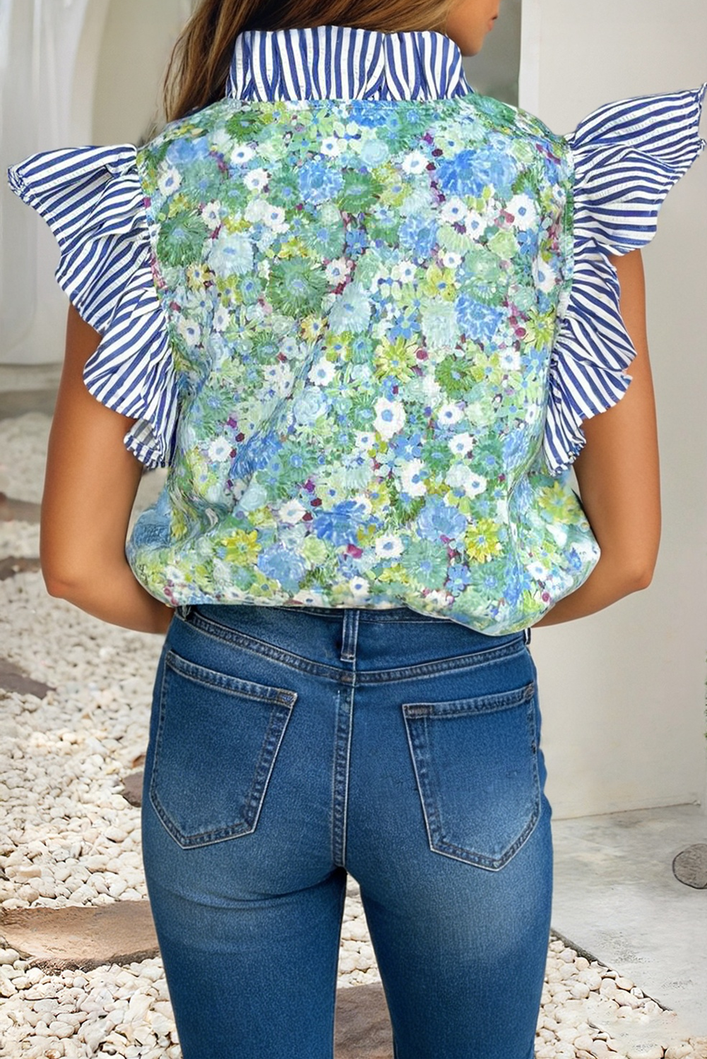 Floral Striped Patchwork Flutter Sleeve V Neck Blouse