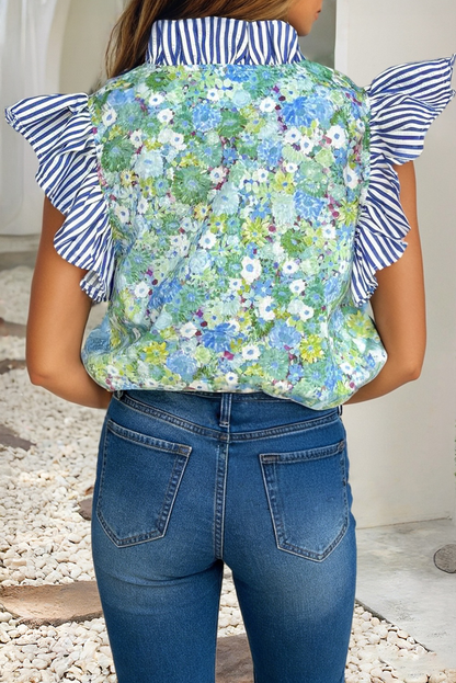 Floral Striped Patchwork Flutter Sleeve V Neck Blouse