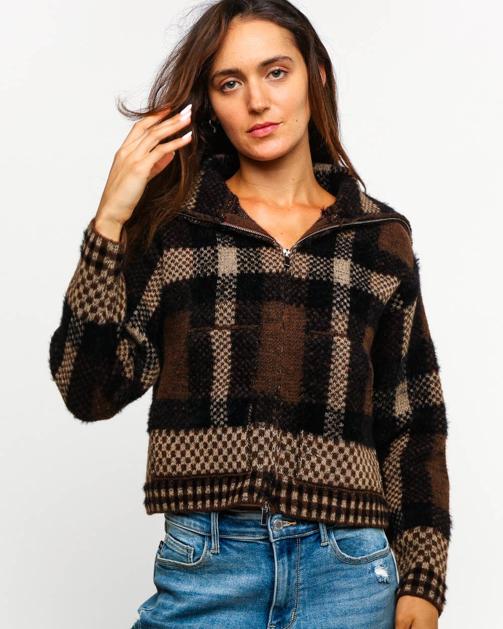 High Neck Zipper Neck Long Sleeve Plaid Cardigan