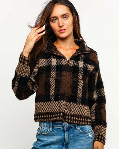 High Neck Zipper Neck Long Sleeve Plaid Cardigan