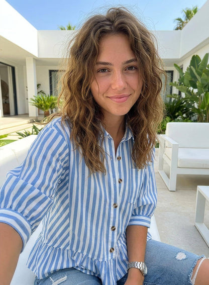 Womens Striped Button Down Ruffle Hem Blouse 3/4 Sleeve