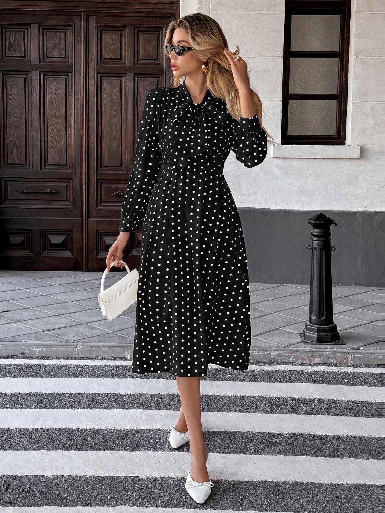 Polka Dot Bow Tie Neck Dress Long Sleeve Vintage Midi
