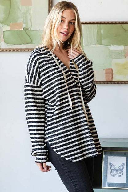 Black & White Crinkle Weave Striped Long Sleeve
